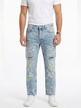 mnml Light Blue Button Fly Distressed Destroyed Men’s Jeans Size 38